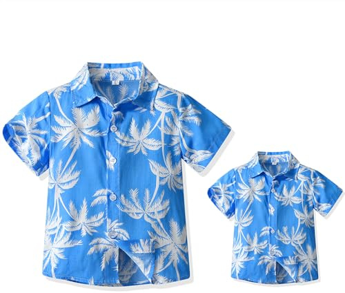 Yoolhamy Camicia Estiva Uomo Corta Hawaiana Famiglia Padre Fantasia e Figlio con Stampa Albero di Cocco