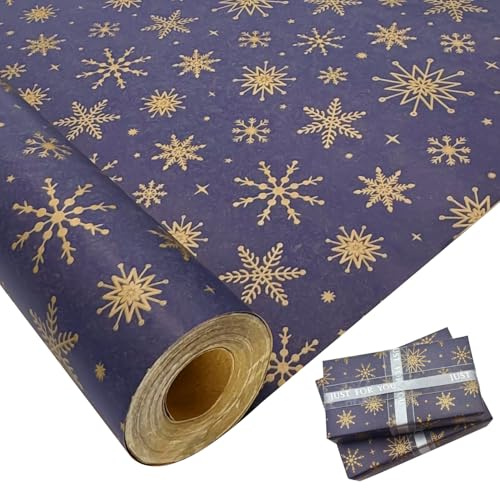 Rouleau de papier cadeau pour Noël : grande taille 76 cm x 12 m, papier kraft bleu imprimé avec flocon de neige pour emballage cadeau