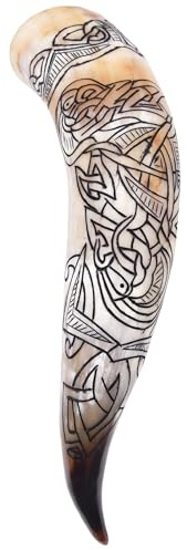 Battle-Merchant Wikinger Trinkhorn mit Fenrir Motiv, ca. 400 ml | Met-Horn, Rinderhorn Graviert, Lebensmittelecht, Naturhorn, Poliert, Mittelalter, Reenactment, LARP
