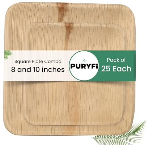 Puryfi Platos combinados cuadrados ecológicos de hoja de palma de 10 y 8 pulgadas, 25 piezas cada uno, platos desechables, como platos de bambú, platos de hoja de palma para cena, platos de fiesta de