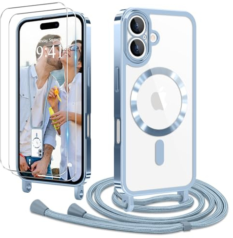 Ethanger für iPhone 16 Hülle mit Band + 2 Schutzfolie, Blau | Handyband Transparent Silikon Handyhülle, Magnetische Schutzhülle Case zum Umhängen Kordel