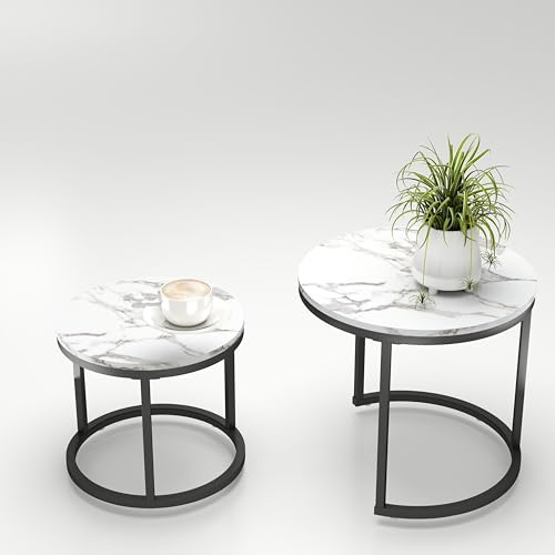 Xisilla Tavolino rotondo (2 pezzi) tavolino in marmo due in uno, adatto per soggiorno, salone, casa ufficio e terrazze, diametro 50 cm e diametro 40 cm