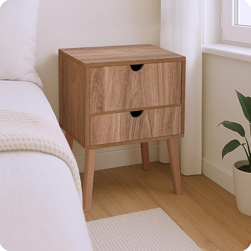 POSNORD Nachttisch mit 2 Schubladen 34,5 x 50,5 x 30 cm [B x H xT ] | Nachtschrank mit Massivholz Beinen | Nachtkommode Schmal & Modern 50 oder 55 cm Hoch | Nachttisch Eiche/Eiche