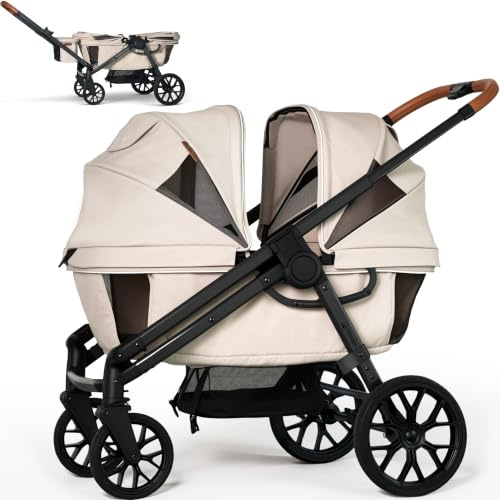 Passeggino tandem Wagon per 2 bambini, per tutti i tipi di terreno, con tettuccio rimovibile con protezione UV, maniglia regolabile, vassoio per snack e portabicchieri, perfetto per neonati e bambini