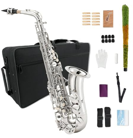 YoungMonic Altsaxophon E Flat Professionelles Altsaxophon Eb Silber mit Tragetasche, Reinigungstuch, Mundstück, 10 Blätter, komplettes Set