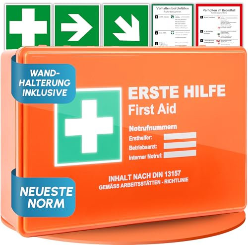 Första hjälpen låda efter ny DIN 13157:2021 inkl. väggfäste och klistermärken | universell första hjälpen resväska för drift, hushåll eller gastronomi – kontorsförbandslåda, sanitär låda