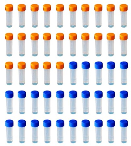 HAXIHA 50 Piezas Tubos crióricos de plástico 5ml Tubo de muestras,tubos de ensayo graduados,Recipiente de Muestracon Tapa Tubo de Laboratorio Azul/Naranja