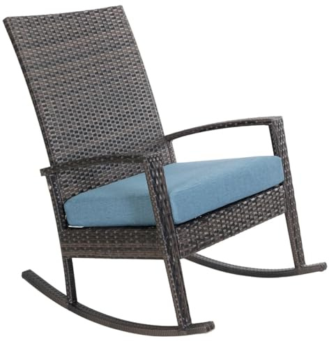 Ogarden Rocking Chair, Garten schaukelstuhl wetterfest, Poly Rattan Outdoor Schaukelstuhl, Schaukelsessel mit Kissen, für Garten, Terrasse, Balkon, Gartenstuhl (Hellbraun - Blau Kissen)
