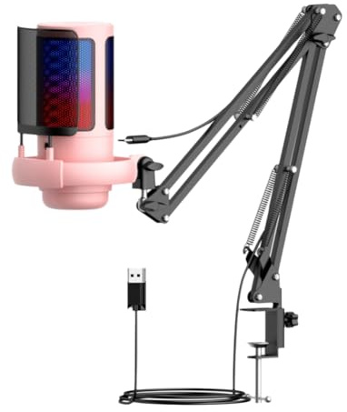 Uxsjakjsd RGB Lighting USB Condenser Microfono Esports Game Call Recording Mic con Supporto per Boom Metallici per Studio Pink