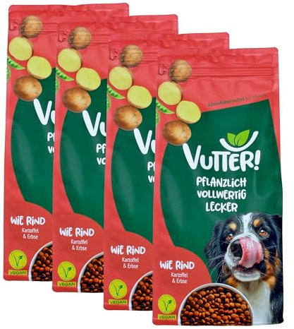 VUTTER ! Trockenfutter Wie Rind, 4x1kg: Hundefutter Vegan - Alleinfutter für Hunde - Hundetrockenfutter reich an Omega-3 & Ballaststoffen, mit Inulin & MOS für Verdauung. Ohne Farbstoffe. Pflanzlich