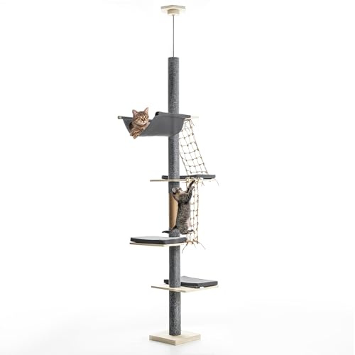 Kratzbaum Deckenhoch mit Hängematte & Kletternetz| Höhenverstellbar 236–270 cm | Kratzbaum Deckenspanner mit 5 Plattformen | Schmal & platzsparender Indoor-Kletterturm aus Holz für Katzen