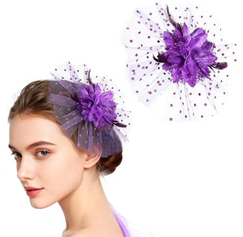 MWOOT Fjäder blomma hårklämma, 1920-talet fascinator fjäder slöja hårnål för kvinnor, lila blommor mesh 20-talet hårprydnad för karneval halloween cocktail bröllop te party tillbehör