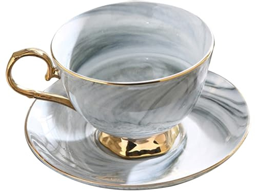 VALICLUD Tasse à Café Nordique en Céramique 250 Ml avec Motif Marbre Gris et Doré, Mug à Lait Élégant avec Soucoupe, Set 2 Pièces pour Thé, Espresso et Cappuccino, pour Maison et Présent
