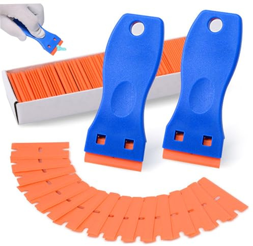 Herramienta raspadora de cuchillas de afeitar de plástico, 2 raspadores de cuchillas de afeitar con 100 de de plástico, raspador de limpieza, etiquetas adhesivas