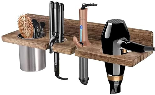 Ameble Soporte para secador de Pelo montado en la Pared, Organizador de secador de Pelo rústico de Madera con Almacenamiento para Plancha, rizador, alisador de y cepillos, Estante para Herramienta