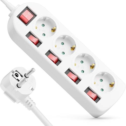 deleyCON Regleta 4 Tomas - Interruptor ON/Off - Control Individual - 3,0m Cable - 4X Toma Base Múltiple Corriente Distribuidor Extensión Regleta Hogar Oficina 3680W 16A - Blanco