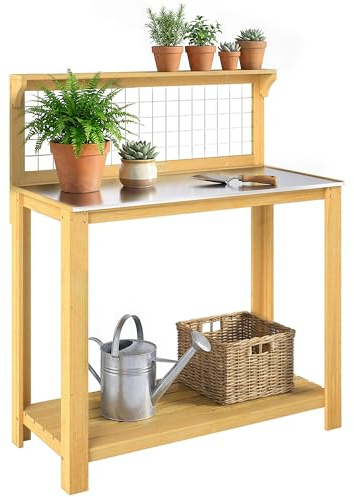 Outsunny Wooden Potting Bench Table Workbench 100 x 48 x 119 cm Yellow | Aluminium Worktop, Outdoor Garden Workbench, Grid Design, 2 Shelves, for DIY, Planting Work Station, for Patio, Garden