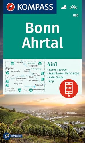 KOMPASS Wanderkarte 820 Bonn, Ahrtal 1:50.000: 4in1 Wanderkarte mit Aktiv Guide und 1:25000 Karten, inklusive Kartenbereich zur offline Verwendung in der KOMPASS-App.