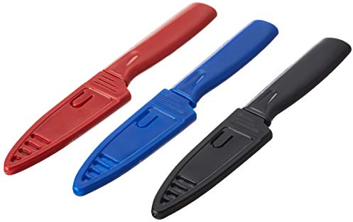 Mercer Culinary Non-Stick Paring Knives with ABS Sheaths, 4 Inch, Red/Blue/Black, 3 Pack
