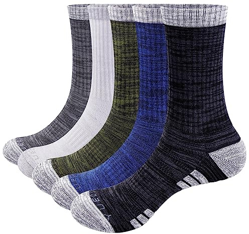 YUEDGE herr bomull kudde besättning utomhus multiprestation atletisk sport vandring promenadstrumpor (5 par) Light grey/Medium grey/Dark Grey/Dark blue/Olive green 9-11.5