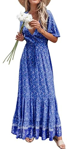 R.Vivimos Women Summer V Neck Floral Boho Maxi Dress | Short Sleeve,Button Up,Tie Waist,A Line,Tiered,Ruffle Hem,Flowy,Casual,Beach,Vacation,Hawaiian,Parties,Long Dresses