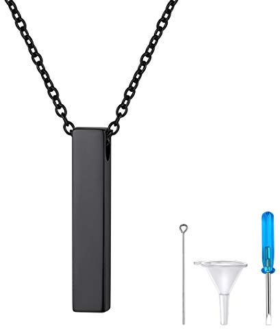 Richsteel Colgante Barra rectangular Relicario Perfume Urna cremación cenizas amor querido, Joya Hombre Mujer, Acero inoxidable chapado en Negro, Cadena ajustable 20 pulgadas, servicio personalizable