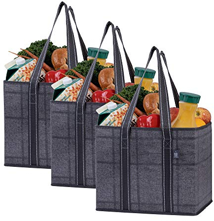 VENO 23,5 Liter große Einkaufstasche Faltbar, Gewebe Faltboxen mit verstärktem Boden, Wiederverwendbare Einkaufstaschen, Hält Bis Zu 15 kg Tragetasche (Schwarzes Fenstertuch, 3er Pack)