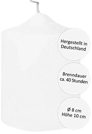 FINK kleine weiße Stumpenkerze - für Windlichte Kerzenständer Laternen - lange Brenndauer ca 40 Stunden - H 10 cm Ø 8 cm