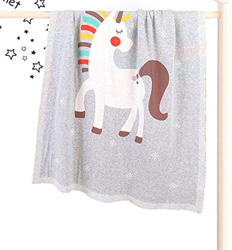 Surwin Strickdecke Babydecke Kuscheldecke Baumwolle, Mädchen und Jungen Babys Gestrickt Kinderdecke Freien Krabbeldecke Perfekt für Kinderwagen Babybett (80x100cm,Graues Einhorn)