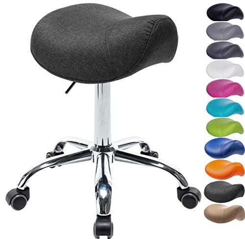 1stuff Sattelhocker Sattelstuhl MULY- Sitzhöhe bis ca. 74cm, Stoff grau | 1stuff Markenqualität vom Fachhändler aus DE, ergonomischer Rollhocker Arzthocker Praxishocker Drehhocker 360°, Stoffbezug