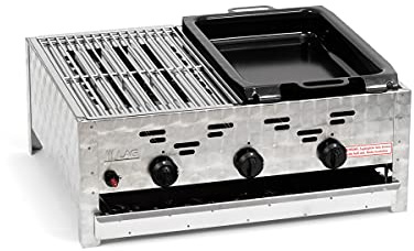 Gasgrill-Kombibräter 11 kW 3-flammiger Edelstahl-Brenner geteilte Arbeitsfläche, mit kleinem Grillrost und kleiner emaillierter Stahlpfanne Gastrobräter