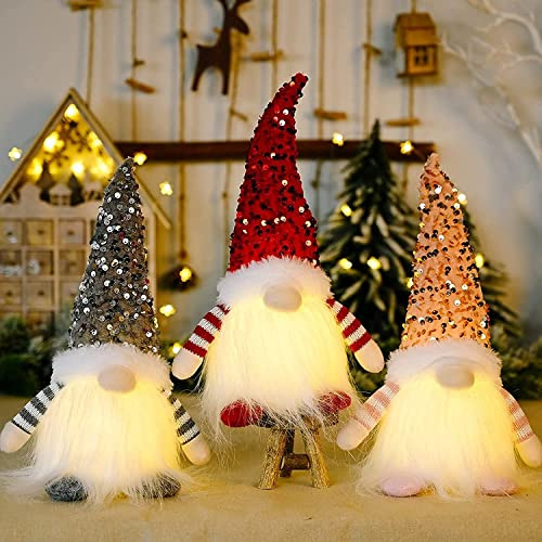 AvviKro 3 Pcs Christmas Glowing Gnomes Decorations, Red Sequin Dolls Decor, Pink Stripe Swedish Snowflake Tomte Ornaments, for Tree, Festival, Winter, Garden, Wall, Street, Lights, Store, Bar, Hotel