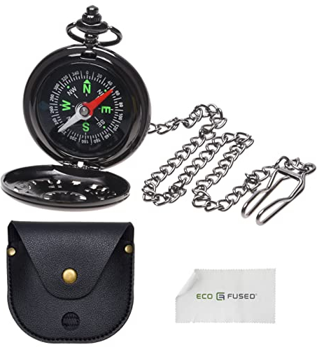 Eco-Fused Boussole rétro Cosplay avec chaîne et Sac en Faux Cuir - Outil de Navigation pour la randonnée, Le Sac à Dos, la Voile et Le scoutisme - Accessoire de Costume Steampunk (Noir)