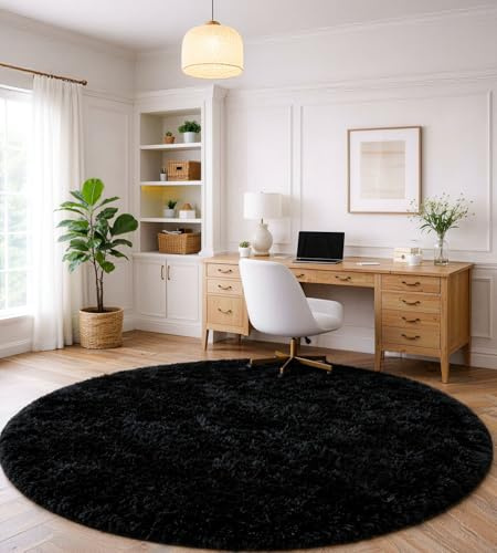 ROHATIM Teppich Rund 100 cm Schwarz Waschbar Rutschfester Runder Hochflorteppich Wohnzimmer Kinderzimmer Schlafzimmer Flauschig