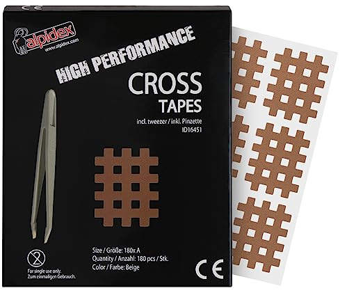 ALPIDEX Cross Tape 180 Stück Beige Gitterpflaster Sportpflaster Set Größe A | Gittertape, Akupunkturpflaster, Schmerzpunkte, Triggerpunkte, wasserfest, hautfreundlich, mit Pinzette, elastisch, reißfest