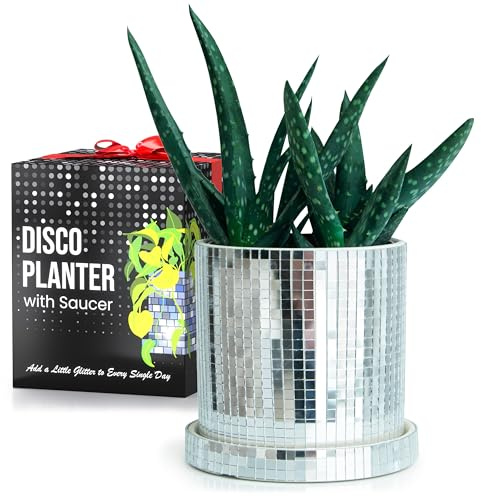SCANDINORDICA Discokugel-Blumentopf, 11 cm Silber Keramik | Handgefertigt mit 0,5-cm-Spiegelkacheln, Ablaufloch & passendem Untersetzer für Zimmerpflanzen & Schreibtischdekoration