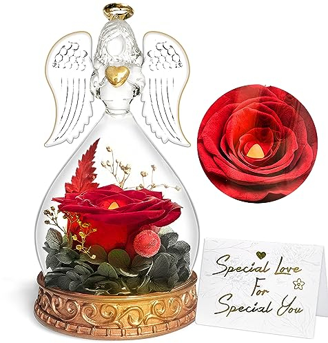 inyeskon Ewige Rose Geschenke, Ewige Rose in Engel Glaskuppel, Konservierte Blumen Handgemachte Ewige Rose für Frauen Freundin Mutter zu Valentinstag Weihnachten Geburtstag (Rot) 1×stück
