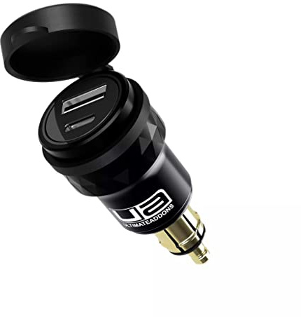 UltimateAddons DIN Motorcycle USB Charger, Dual Port USB-A QC 3.0 18W + USB-C PD 20W Fast Charger with Protective Cap, 12V Auxiliary Socket Adapter for Compatible BMW, Triumph & Ducati Motorcycles