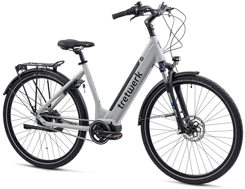 TRETWERK 28 Zoll E-Bike - City Bike - Amber Nexus - Pedelec Damen Fahrrad 7 Gang Nabenschaltung - Elektrofahrrad Mittelmotor - grau 50cm