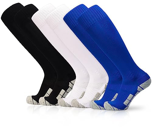 ELUTONG Fußballsocken Kinder, 3 Paar Unisex Fußballstutzen Trainingssocken Elastische Sportsocken, Bequem und Atmungsaktiv Sockenstutzen für Fußball Laufen Basketball 33-38(schwarz + weiß + blau)
