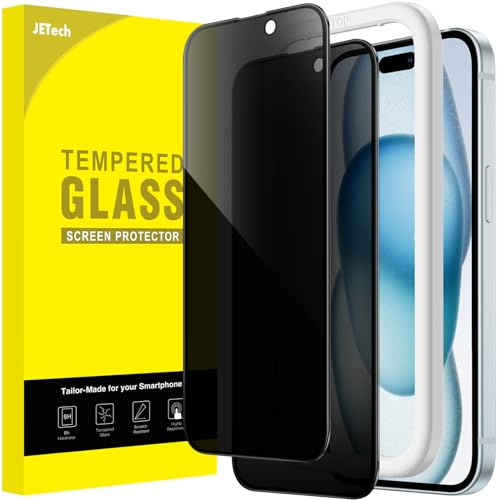 JETech Sichtschutz Schutzfolie für iPhone 15 Plus, 2 Stück | Full Screen Anti-Spy Blickschutz 9H Gehärtetes Glas Schutzfolie, Schwarzer Rand, mit Installationshilfe, Hüllenkompatibel