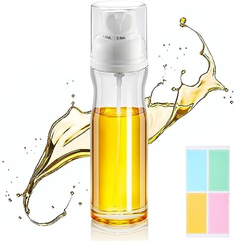Öl Sprayer Flasche 200 ml Ölsprüher für Speiseöl Sprühflasche Öl Glas Ölspray zum Kochen von Luftfritteuse, Ölspenderflasche mit Trichtern und Aufklebern