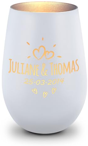 GRAVURZEILE Deko Windlicht aus Glas mit Gravur - Sunshine - Personalisiert mit Namen & Datum - Persönliches Geschenke für Frauen und Männer zur Hochzeit Verlobung und Geburtstag - Weiß/Silber