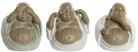Home ESPRIT Figura Decorativa Bianca Verde Buddha Orientale 10 x 9 x 10,5 cm (3 Pezzi)