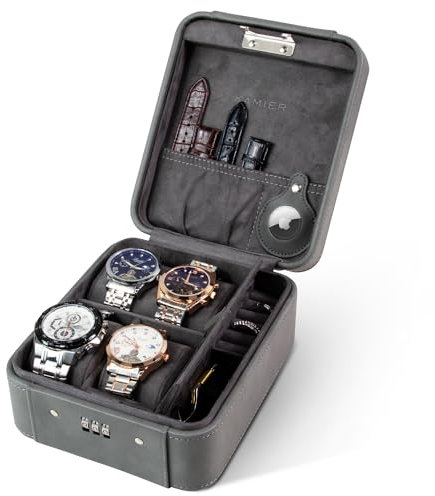KAMIER Étui de montre avec serrure à combinaison – Rangement pour 4 montres et bijoux – Étui de voyage pour bagues et montres, étui de voyage en cuir synthétique, idéal pour offrir (avec boîte