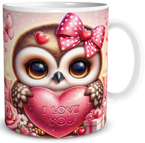 TRIOSK Tasse Valentinstag Eule mit Herz I Love You Spruch Ich liebe Dich Geschenk Tierliebe für Sie Frauen Freundin Eulenliebhaber, Keramik 300ml