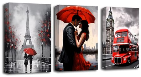 CXHOSTENT Black White and Red Wall Art Romantic Couple Kissing with Umbrella Canvas Prints 3 Piece London Big Ben Tower Eiffel Painting Room Decor (A, 30.00 x 40.00 cms x 3PCS)