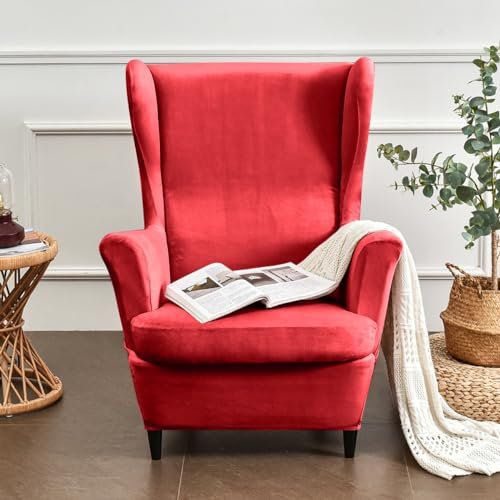 Hixingo 2-Teilig Ohrensessel Überzug, Einfarbig Sesselbezüge, Verdickter Samt Ohrensessel Bezug für Wohnzimmer Schlafzimmer Hotel Sesselschoner (Rot,One Size)