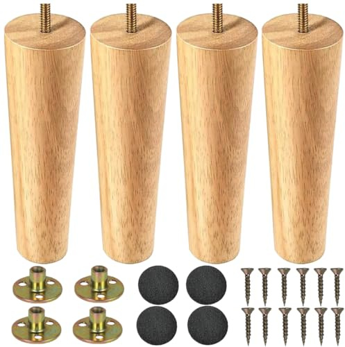 LCOUACEO Möbelfötter, träbordsben, 4 stycken, koniska möbelben, ersättning 20 cm, sofffötter, träben för möbler, skåp, ben, skåpfötter med monteringsplatta, gummikuddar för bord, soffa, säng, skåp,