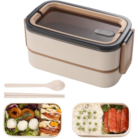 WANDGU Bento Caja de almuerzo para adultos: 1400 ml, apilable, 2 pisos, con compartimentos, caja bento para niños, antifugas para escuela, oficina, excursiones (caqui)